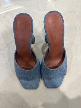 Amina Muaddi Denim Slide Mules in Light Blue